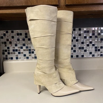 Alexander McQueen Cream Suede Wrap Boots Y2K Pointed Toe Size 6.5 Wide Calf - Image 1 of 4