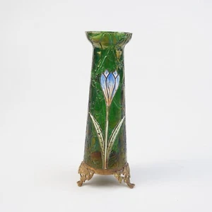 Alte Jugendstil-Vase grün Mundgeblasen mit Messingmontur Handbemalt Irisierend - Bild 1 von 18