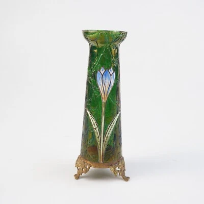 Alte Jugendstil-Vase grün Mundgeblasen mit Messingmontur Handbemalt Irisierend - Bild 1 von 4