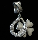 RL 925 Sterling Silver CZ Lucky Four Leaf Clover & Horseshoe Double Dangle Charm