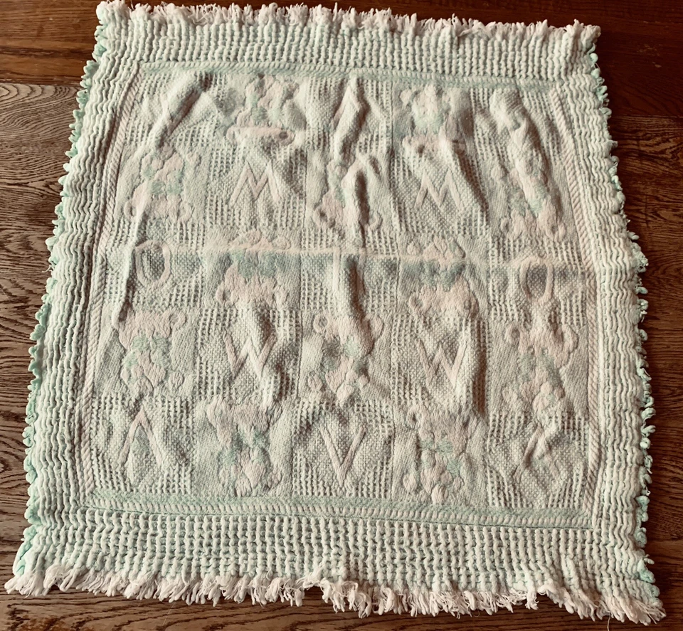 Vintage Mint Green Knit Baby Blanket Lovey Teddy Bears Letters *read - Изображение 1 из 4