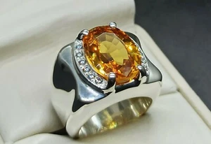 Oval Cut 12 Ct Deep Yellow Citrine Sterling Silver 925 Handmade Citrine Men Ring - Picture 1 of 12