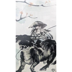 Chinese antique watercolour painting boy & buffalo signed framed p.head 62x32cm - Picture 1 of 9