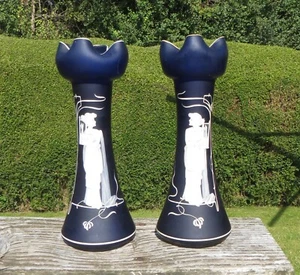 A Beautiful Pair of Art Nouveau Mary Gregory Cobalt Blue Glass Vases, 10" Lyre - Picture 1 of 24