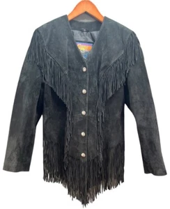 Cripple Creek Black Suede Leather Fringe Women's L Large Lined Jacket - Picture 1 of 9