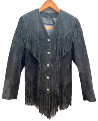 Cripple Creek Black Suede Leather Fringe Women's L Large Lined Jacket - Image 1 of 4