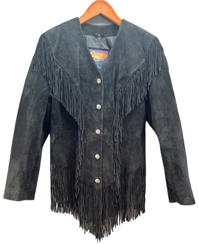 Cripple Creek Black Suede Leather Fringe Women's L Large Lined Jacket - Image 1 of 4