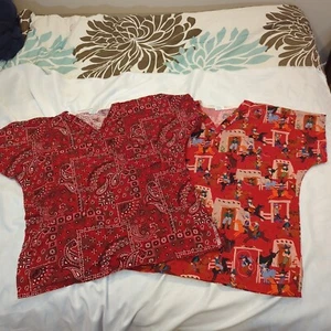lot of 2 cotton scrubs co women's medium western shirt tops - Picture 1 of 12