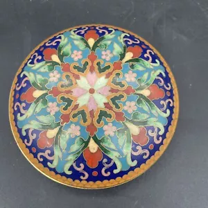 Vintage chinesische blaue Cloisonné Emaille Messing runde Schatulle. 4” x 1” - Bild 1 von 6