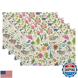 Spring Floral Placemats 12x18 Inches Set of 4, Spring Easter Pink Green Rabbi - Picture 1 of 5