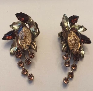 SIGNED JUDY LEE EARRINGS Reverse Carved Rhinestones Topaz CLIP ON Citrine #65 - Picture 1 of 7