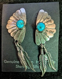 Vintage Navajo Turquoise Sterling Silver 1/2 Concho w/ Dangle Earrings Sz 1-1/4" - Picture 1 of 3