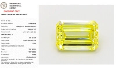 1.01 ct Emerald Lab Grown Diamond For Engagement Ring Fancy Vivid Yellow VVS2 - Image 1 of 4