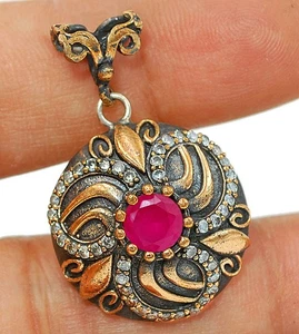 Ottoman Empire Style 2CT Treated Ruby & Topaz 925 Sterling Silver Pendant OB20 - Picture 1 of 2