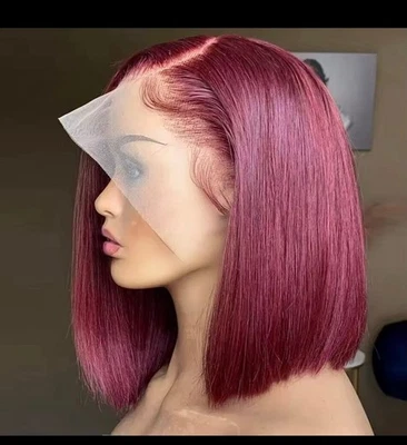Pelucas de cabello humano 99J Borgoña HD transparentes cortas de encaje frontal pre arrancadas Foto 1 de 4