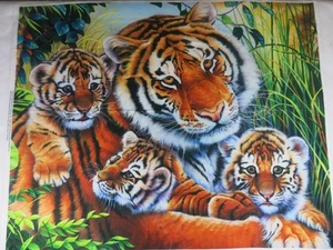 Lily's Pride 35.5" x 44" Cotton Fabric Panel by David Textiles, Tiger and 3 Cubs - Picture 1 of 7