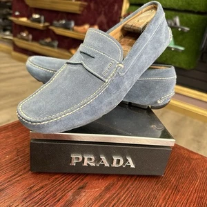 $790 Mens Blue Suede Prada Loafers Fashion Shoes Sz 8 UK / 9 US Made In Italy - Picture 1 of 14