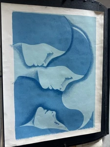 "Impresión serigráfica caras azules mirando a la luna creciente impresión rara hermosa 22"" w17"" t" - Imagen 1 de 4