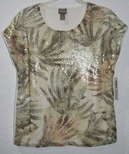 Chicos Sequin Top Size 0/Small Cap Dolman Sleeve Batik Palms Shimmer Resort NEW - Picture 1 of 14