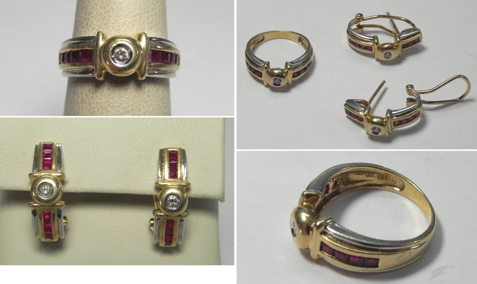 V497 Estate Solid 14K Two Tone Gold Diamond & Ruby Earring and Ring Set, Sz 5.25 - Image 1 of 1