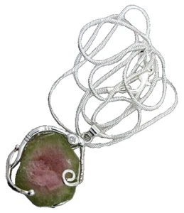 Watermelon Tourmaline 32.25 Carat Wirewrapped Silverplated Pendant 22 Inch Chain - Picture 1 of 2