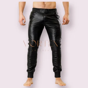 Gay Men's Classic Genuine Lambskin Leather Pants Black Skinny Biker Pant LGBT - Picture 1 of 4