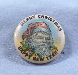 Santa Claus Pinback Button Merry Christmas Happy New Year Pink Hat #2 Celluloid - Picture 1 of 4