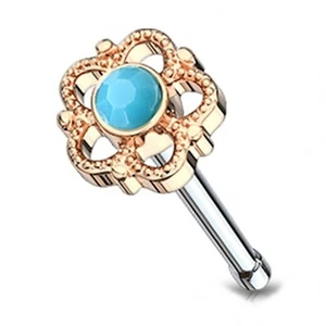 Nose Bone Ring Flower Daisy Turquoise 5mm Head Rose Gold IP/Steel 20 Gauge 1/4" - Picture 1 of 3