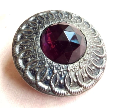 Large Gay 90s Button ~ Faceted Amethyst Purple Glass Jewel ~ 1-1/2" 38mm - Image 1 of 4