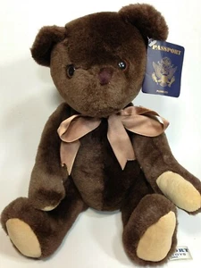 Passport Plush Teddy Bear Chocolate Brown Soft Stuffed Jointed Animal TAG 15"  - Picture 1 of 8