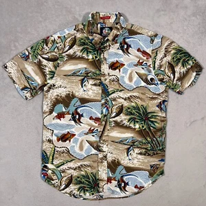 Reyn Spooner Shirt Mens Small Beige Fish Beach Button Up Tailored Fit 100% Rayon - Picture 1 of 15