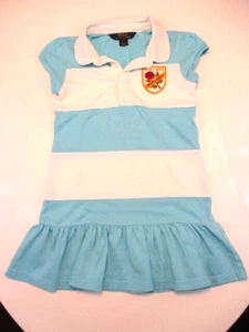 POLO RALPH LAUREN Girls Dress 7 Blue Tennis Drop Waist Peplum Striped Rose Crest - Picture 1 of 14