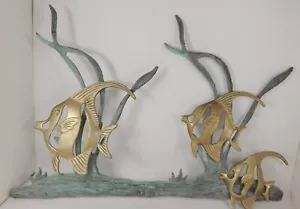 Vtg Mid Century Oceanic 3 Reef Angel Fish Brass Wall Hanging Sculpture Bathroom - Picture 1 of 6