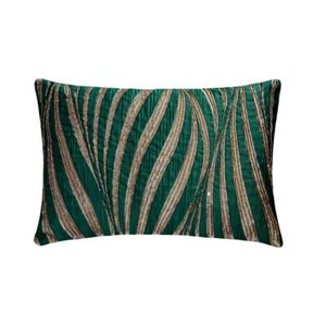 Oblong Pillow Cover Blue 12 x 16 inch, Sofa Decor Silk - Teal N Gold Waves - Picture 1 of 3