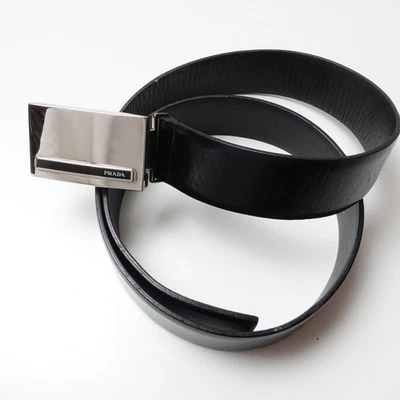 Cinturón de cuero Prada negro 95 38 plateado hebilla plana hecho en Italia lujo Foto 1 de 4