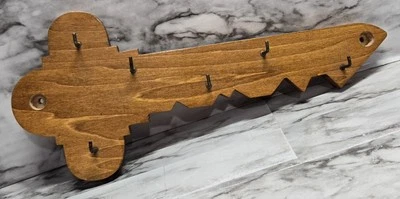 Hand Made Wooden Key Shaped Key Holder Wall Mounted 6 Hooks Nice Wood Grain - Image 1 of 4