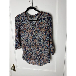 About a Girl Sheer Floral Blouse Women’s Size Small Navy Boho Button Down Top - Picture 1 of 5