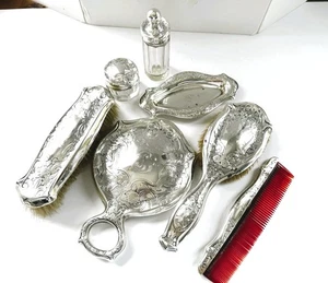 Antique R Blackinton Co. 7 Piece Dresser Set, Sterling Silver, Nouveau Flowers - Picture 1 of 14