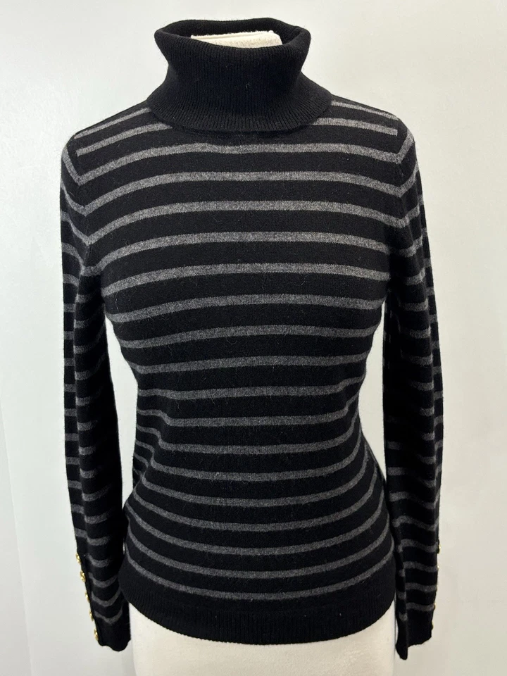 Peck & Peck 100% Cashmere Turtleneck Sweater Sz Medium Women’s Black Grey Stripe - Image 1 of 4