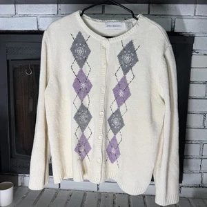 Feminine Pastel Holiday Cardigan Sweater Granny Snowflake Cream Argyle Women XL - Picture 1 of 9