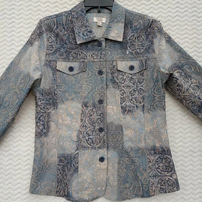 Baxter & Wells 佩斯利牛仔夹克外套小号大号蓝色棕褐色纽扣  — 第 1/4 张图片
