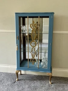 Vintage Display Cupboard Cocktail Drinks Cabinet With Mirror Blue - Picture 1 of 8