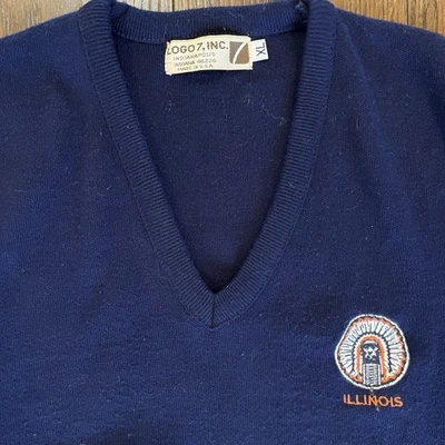 Vintage Mens XL Sweater Vest Fighting Illini Chief Illinois Made In USA Blue - Image 1 of 4