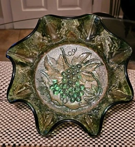 Antique Imperial Carnival Glass Green Heavy Grape 9 1/2" Bowl Exc Condition - Picture 1 of 16