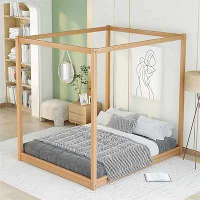 Modern Canopy Platform Bed Queen Size with Wood Slats and Support Legs,Natural  - Image 1 of 4