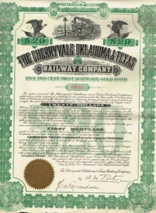 USA CHERRYVALE OKLAHOMA & TEXAS RAILWAY COMPANY stock certificate/bond 1908 - Picture 1 of 1