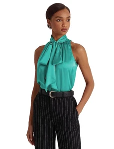 Blusa Lauren Ralph Lauren Cuello Corbata Charmeuse Sin Mangas Turquesa Talla M 1029 - Imagen 1 de 2