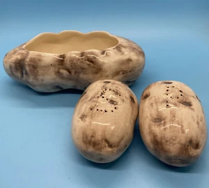 Vintage Ceramic Baked Potato Serving Sour Cream Dish With Salt & Pepper Shakers - Picture 1 of 10
