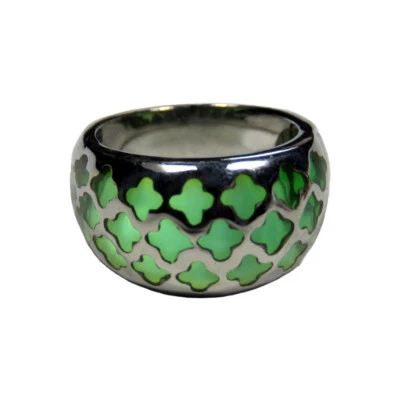 Women's Polished Stainless Steel Ring with Green Accents, Size 7 - Image 1 of 3