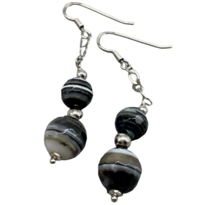 ORECCHINI DI PERLE DI AGATA STRIATA IN ARGENTO 925 PENDENTI AD AMO RAGAZZA DONNA - Immagine 1 di 4